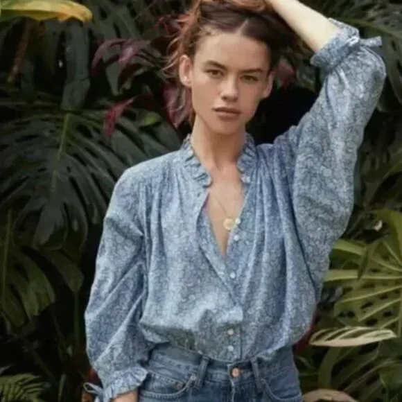 DOEN Rose Top in China Blue Mini Earl Floral Print XS like new - Picture 1 of 5